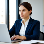 A focused professional woman, in her early 30s, sits at a contemporary desk in a bright, modern office. She is looking intently at a laptop screen, engaged in a meaningful virtual conversation, her expression thoughtful and genuinely interested. Her posture is natural and attentive. She is fully clothed in a modest, professional business suit. The background features blurred office elements, suggesting a productive and collaborative environment. Perfect anatomy, correct proportions, natural pose, well-formed hands, proper finger count, natural body proportions. High-resolution, professional photography, soft studio lighting, clean aesthetic, safe for work, appropriate content, fully clothed, family-friendly.