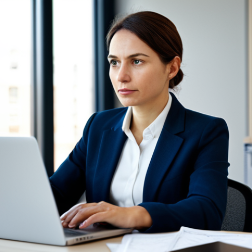 Home 6 A focused professional woman, in her early 30s, sits at a contemporary desk in a bright, modern office. She is looking intently at a laptop screen, engaged in a meaningful virtual conversation, her expression thoughtful and genuinely interested. Her posture is natural and attentive. She is fully clothed in a modest, professional business suit. The background features blurred office elements, suggesting a productive and collaborative environment. Perfect anatomy, correct proportions, natural pose, well-formed hands, proper finger count, natural body proportions. High-resolution, professional photography, soft studio lighting, clean aesthetic, safe for work, appropriate content, fully clothed, family-friendly.
