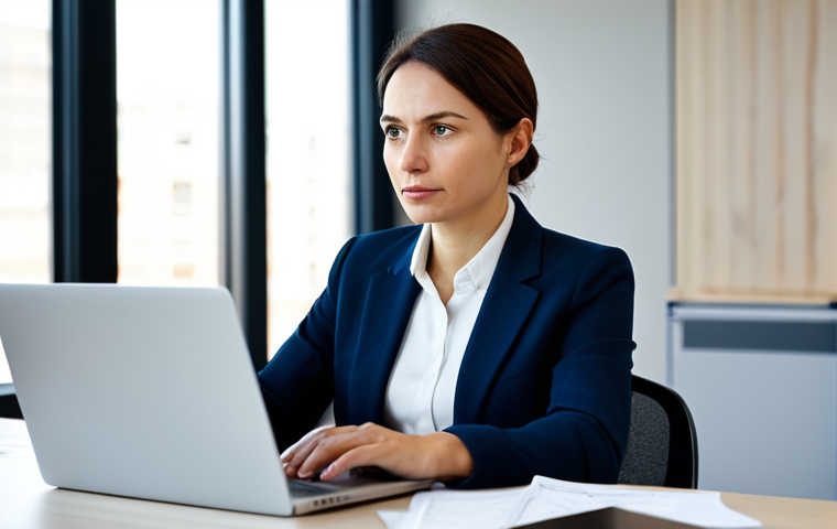 A focused professional woman, in her early 30s, sits at a contemporary desk in a bright, modern office. She is looking intently at a laptop screen, engaged in a meaningful virtual conversation, her expression thoughtful and genuinely interested. Her posture is natural and attentive. She is fully clothed in a modest, professional business suit. The background features blurred office elements, suggesting a productive and collaborative environment. Perfect anatomy, correct proportions, natural pose, well-formed hands, proper finger count, natural body proportions. High-resolution, professional photography, soft studio lighting, clean aesthetic, safe for work, appropriate content, fully clothed, family-friendly.