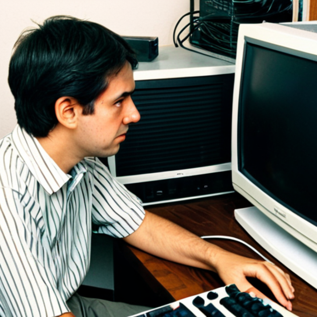 A person in their late 20s, fully clothed in a modest, casual outfit typical of the early 2000s, seated at a cluttered wooden desk in a home office. They are looking at a bulky CRT monitor with a frustrated expression, next to an old, large desktop computer tower. Visible tangled wires connect various peripherals, illustrating the early struggles of slow internet. The room has soft, nostalgic lighting. perfect anatomy, correct proportions, natural pose, well-formed hands, proper finger count, natural body proportions, safe for work, appropriate content, fully clothed, modest clothing, family-friendly, professional photography, high quality.