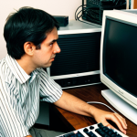 A person in their late 20s, fully clothed in a modest, casual outfit typical of the early 2000s, seated at a cluttered wooden desk in a home office. They are looking at a bulky CRT monitor with a frustrated expression, next to an old, large desktop computer tower. Visible tangled wires connect various peripherals, illustrating the early struggles of slow internet. The room has soft, nostalgic lighting. perfect anatomy, correct proportions, natural pose, well-formed hands, proper finger count, natural body proportions, safe for work, appropriate content, fully clothed, modest clothing, family-friendly, professional photography, high quality.