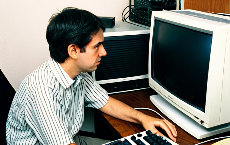 A person in their late 20s, fully clothed in a modest, casual outfit typical of the early 2000s, seated at a cluttered wooden desk in a home office. They are looking at a bulky CRT monitor with a frustrated expression, next to an old, large desktop computer tower. Visible tangled wires connect various peripherals, illustrating the early struggles of slow internet. The room has soft, nostalgic lighting. perfect anatomy, correct proportions, natural pose, well-formed hands, proper finger count, natural body proportions, safe for work, appropriate content, fully clothed, modest clothing, family-friendly, professional photography, high quality.