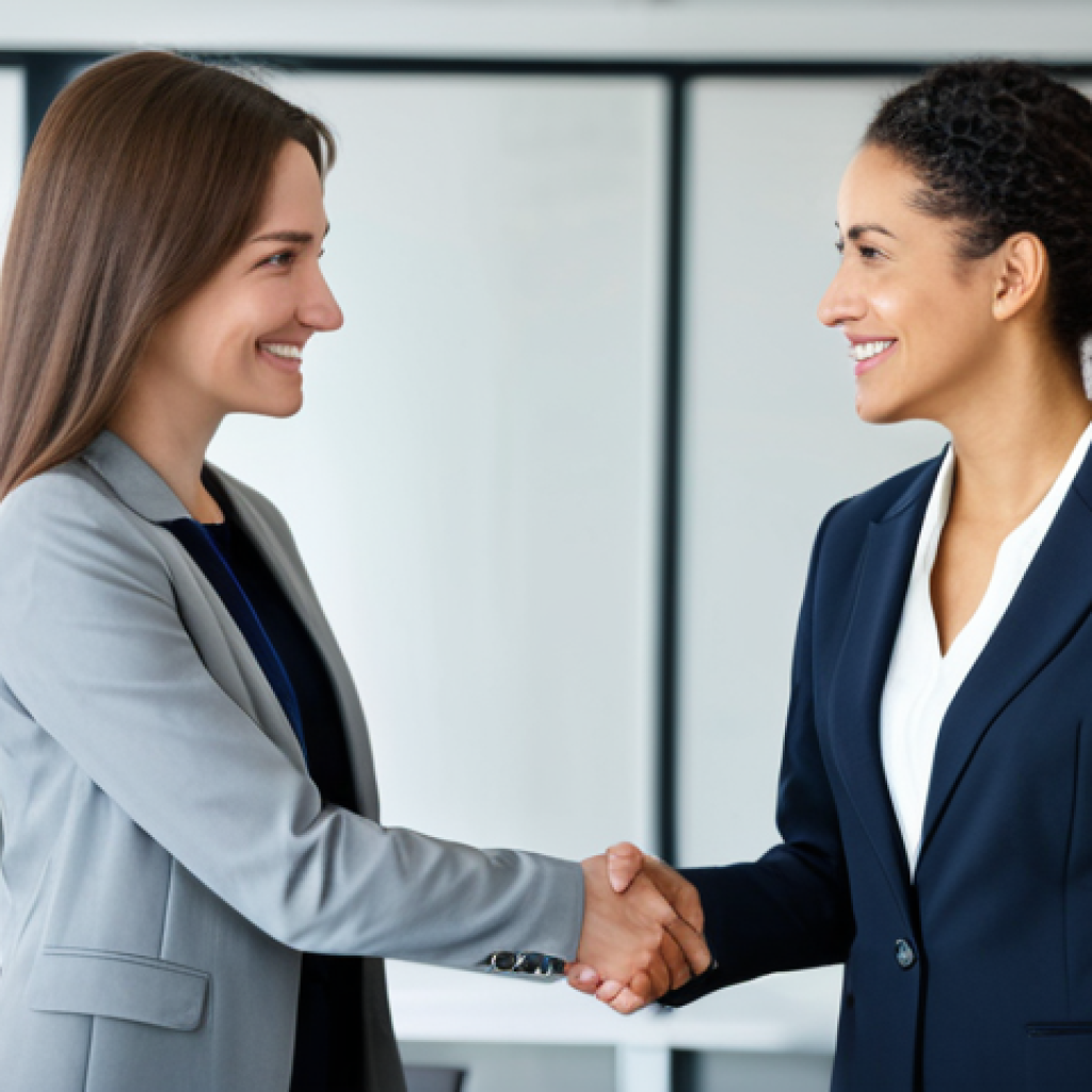 **
A professional businesswoman in a modern office, shaking hands with a potential collaborator. Both are fully clothed in business attire. The scene should convey trust and partnership. Safe for work, appropriate content, professional setting, perfect anatomy, natural proportions, well-formed hands, proper finger count.
**