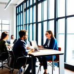 Modern Co-working Space**

"A diverse group of professionals collaborating in a bright, modern co-working space. Several individuals are working on laptops, others are engaged in a casual meeting around a table. Sunlight streams through large windows. Everyone is fully clothed in business casual attire, appropriate for an office environment. Safe for work, professional, perfect anatomy, well-formed hands, natural proportions, high-resolution, vibrant colors, clean composition."

**