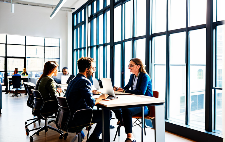 Modern Co-working Space**

"A diverse group of professionals collaborating in a bright, modern co-working space. Several individuals are working on laptops, others are engaged in a casual meeting around a table. Sunlight streams through large windows. Everyone is fully clothed in business casual attire, appropriate for an office environment. Safe for work, professional, perfect anatomy, well-formed hands, natural proportions, high-resolution, vibrant colors, clean composition."

**