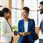 전문가와의 관계 형성을 위한 팁 - **Prompt:** "A vibrant scene of diverse professionals engaging in enthusiastic networking at a bustl...