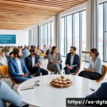 디지털 네트워킹에서의 오프라인 만남 활용하기 - A professional networking event in a modern conference hall in a major Spanish-speaking city, featur...