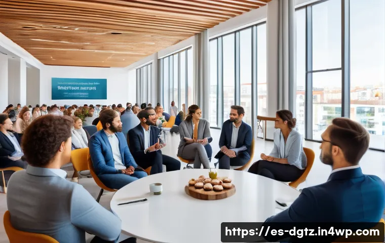 디지털 네트워킹에서의 오프라인 만남 활용하기 - A professional networking event in a modern conference hall in a major Spanish-speaking city, featur...