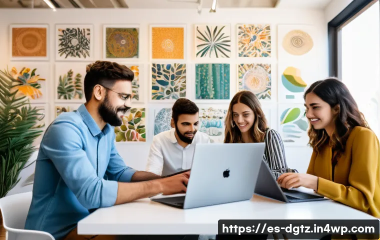 네트워킹을 위한 커뮤니케이션 도구 비교 - A modern professional office scene in Spain with a diverse team of young adults using laptops and sm...
