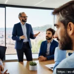 Home 23 효과적인 네트워킹을 위한 지속적 학습법 - A professional networking event in a modern conference room in Spain, featuring diverse adults engag...